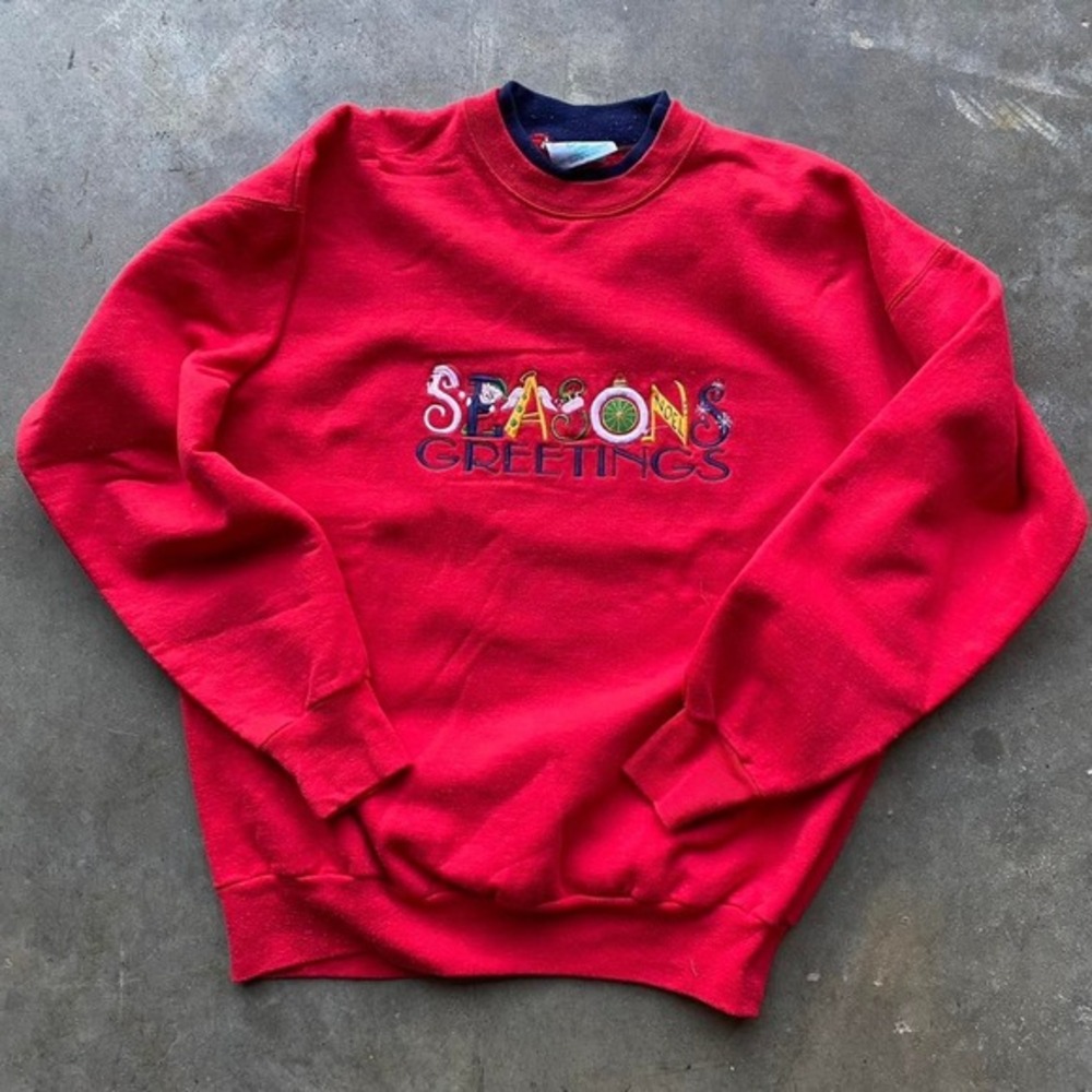 Vintage Christmas Sweater Seasons‎ Greetings Double Collar Red Embroidered Large